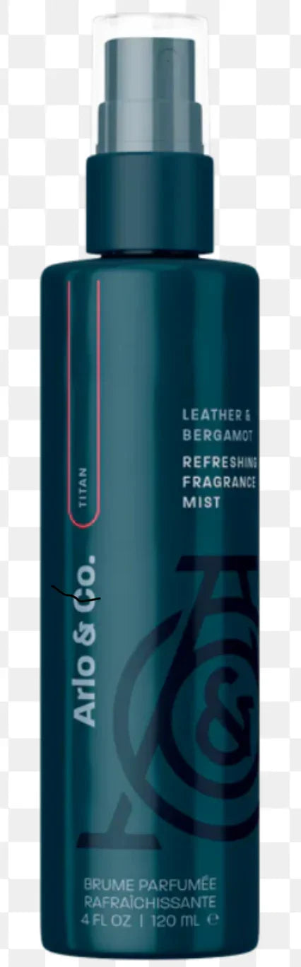 Arlo & Co. Leather and Bergamot refreshing fragrance mist bottle, 120ml, blue packaging