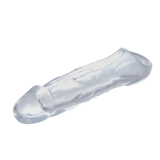 Transparent silicone adult toy with realistic design on white background