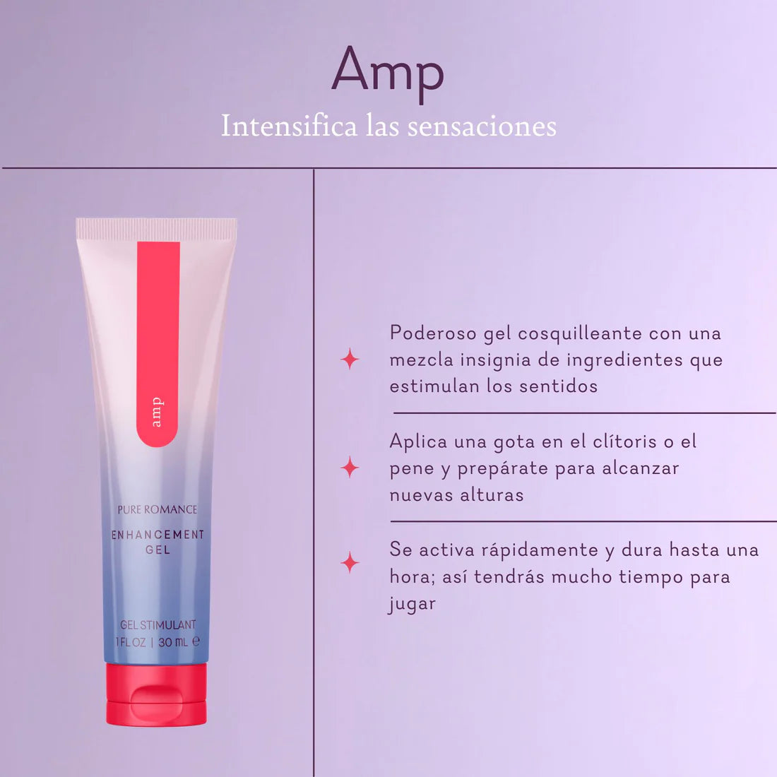Enhancement gel tube labeled Amp on lavender background with product benefits in Spanish text.