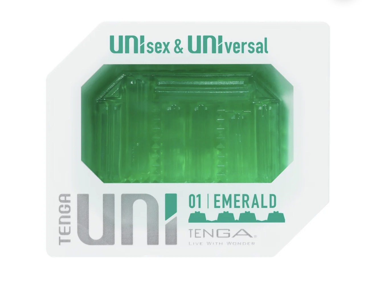 TENGA UNI 01 Emerald unisex green textured wellness product in clear packaging