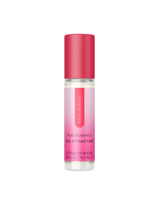 Pink bottle of Basic Instinct Pure Romance pheromone attractant for wellness and intimacy
