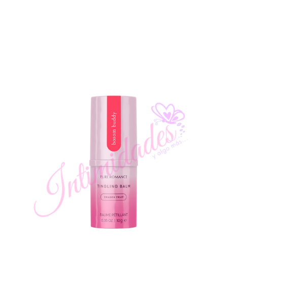 Pink Bosom Buddy tingling balm stick, dragon fruit flavor, against white background