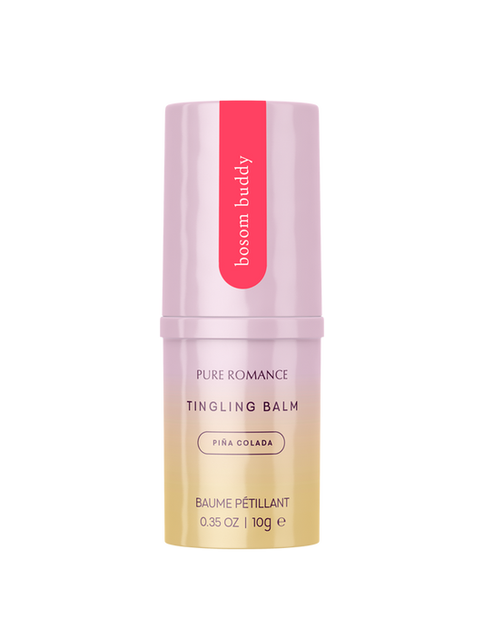 Pink and yellow Pure Romance tingling balm stick in Piña Colada, 10g size.