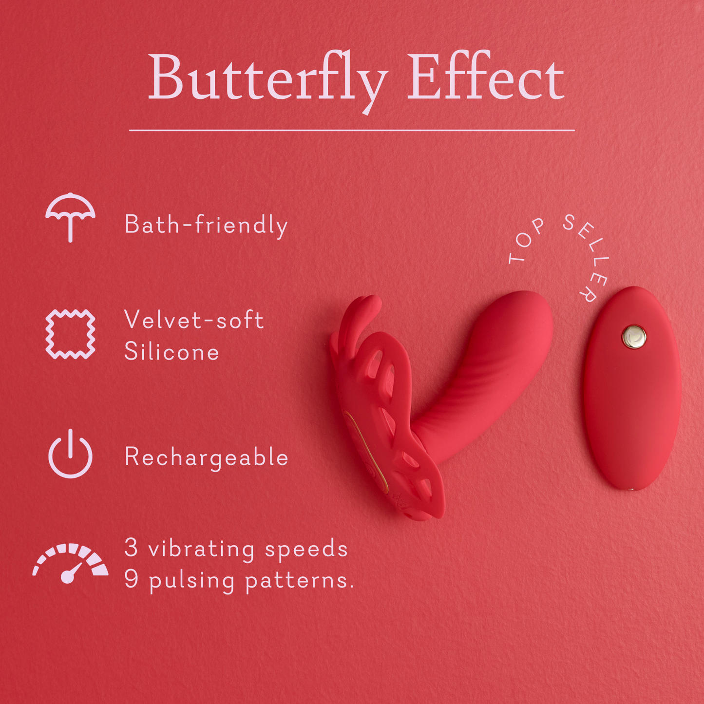 Red silicone butterfly-shaped personal massager with remote, bath-friendly, rechargeable, top seller.