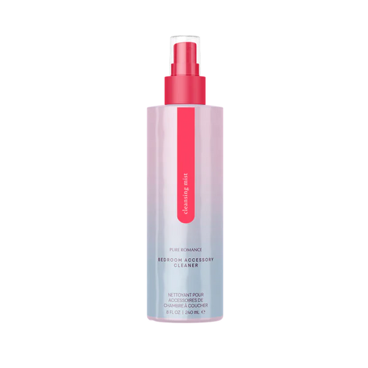 Clear spray bottle labeled cleansing mist bedroom accessory cleaner on white background