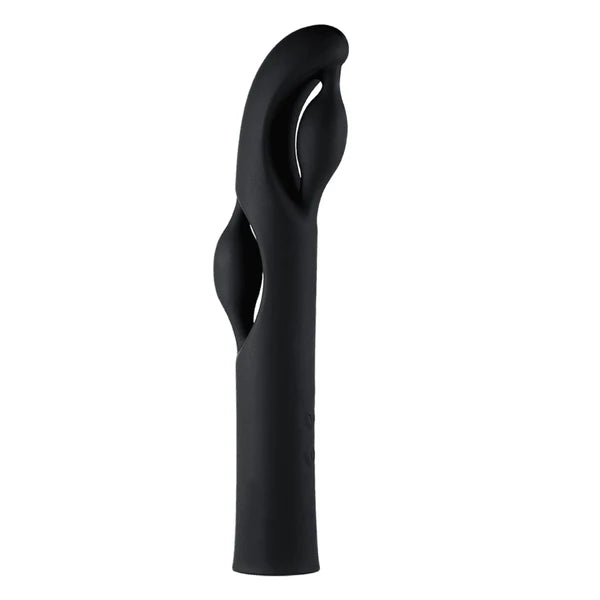 Black silicone personal wellness massager with ergonomic, curved dual-tip design