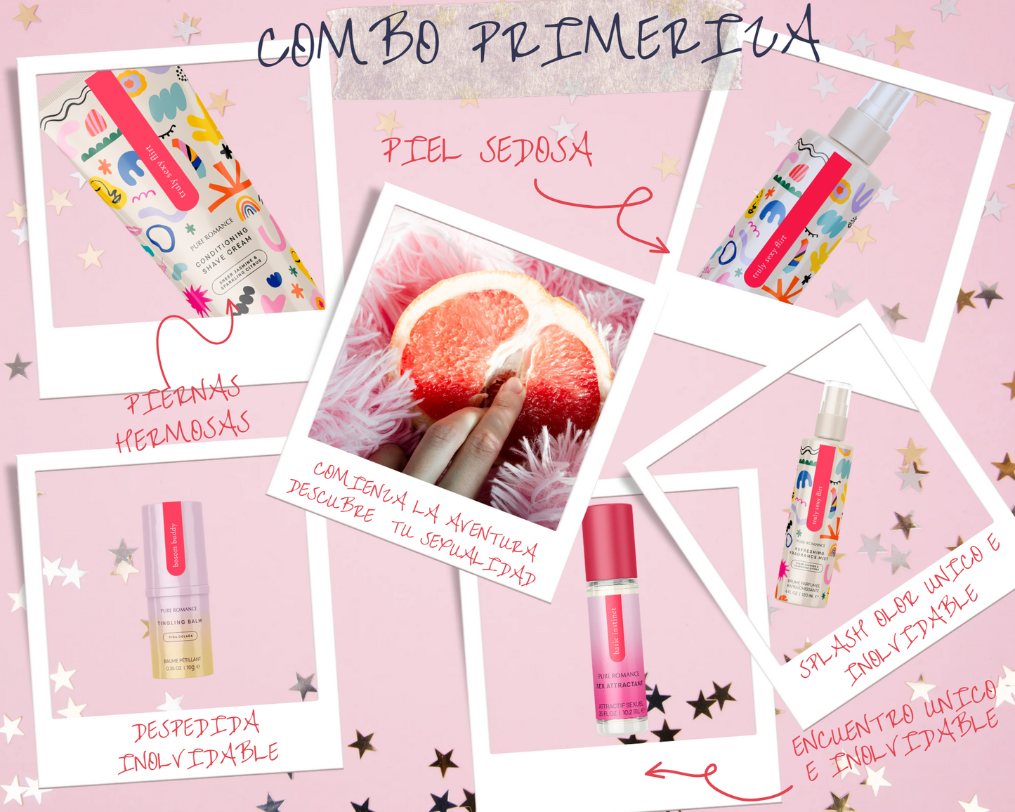 Skincare and wellness combo kit with creams, sprays, and balms on pink background with stars
