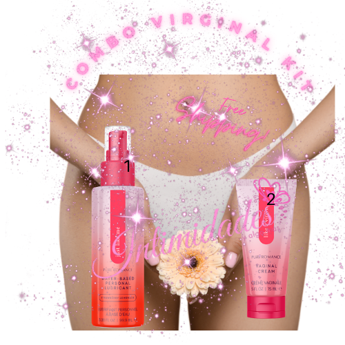 Vaginal care combo kit with feminine hygiene cleanser and cream, sparkly pink background