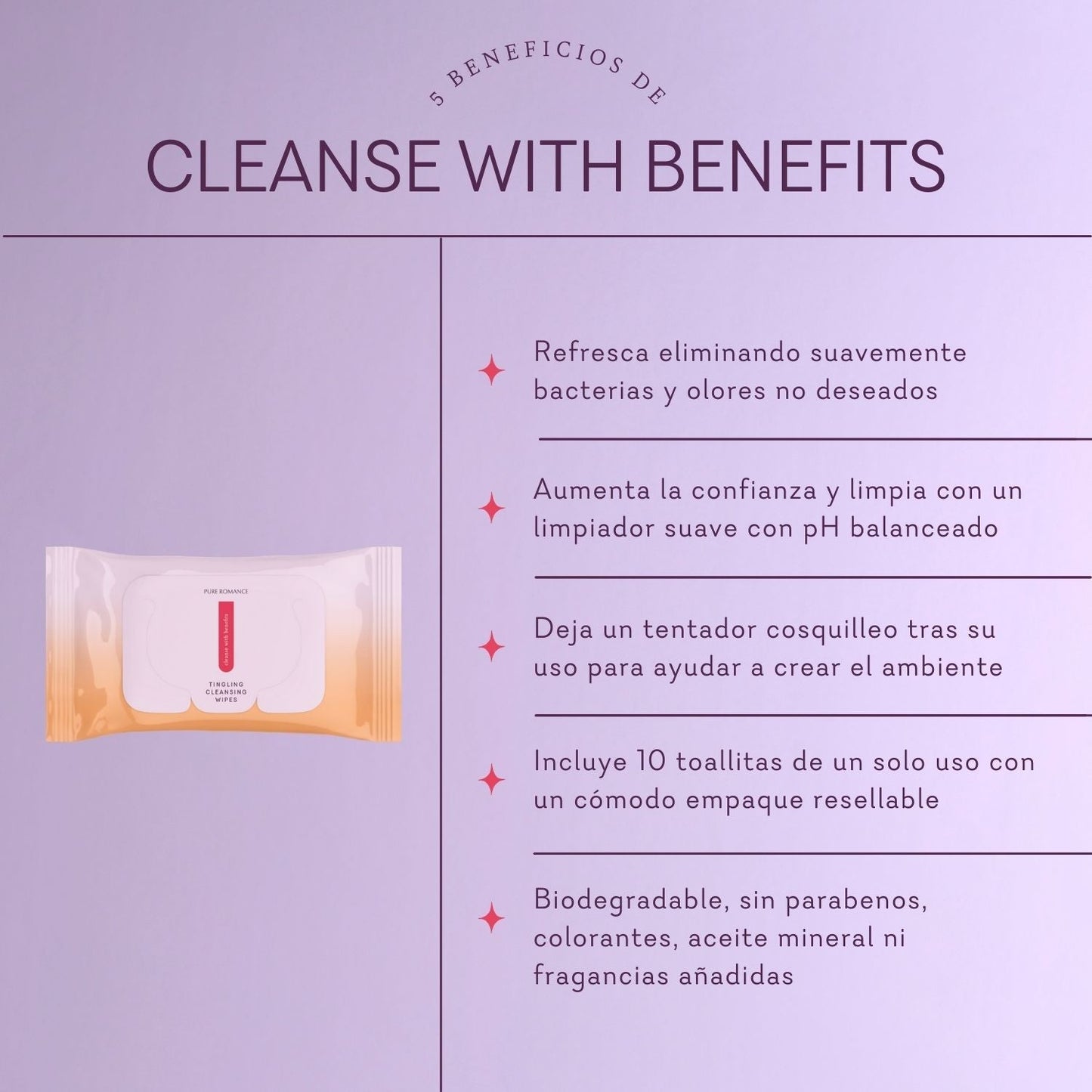 Skincare cleansing wipes package with Spanish benefits list on light purple background