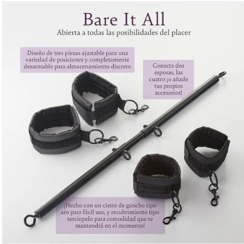 Adjustable black spreader bar with four soft wrist and ankle cuffs, pleasure accessory set.