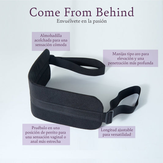 Black padded strap with adjustable ring handles for intimate wellness and couples massage.