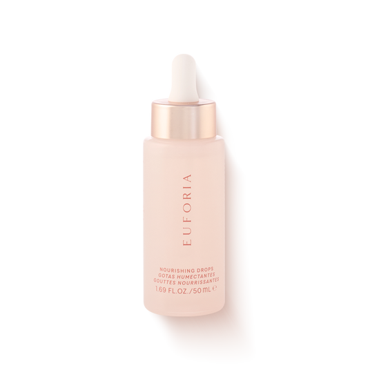 Euforia nourishing drops skincare serum in pink frosted glass bottle with dropper