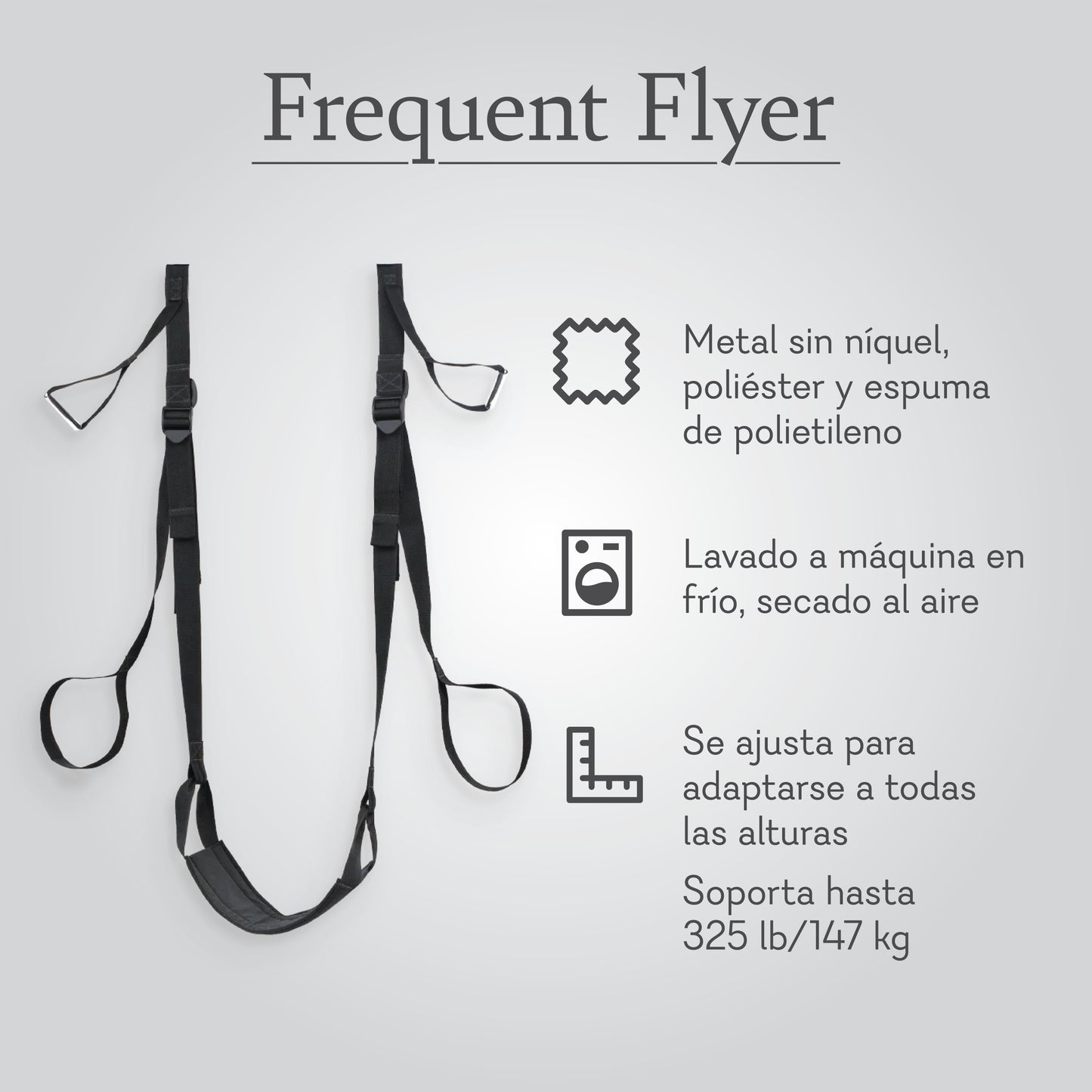 Adjustable black harness sling with metal and polyester, supports up to 147 kg, washable.