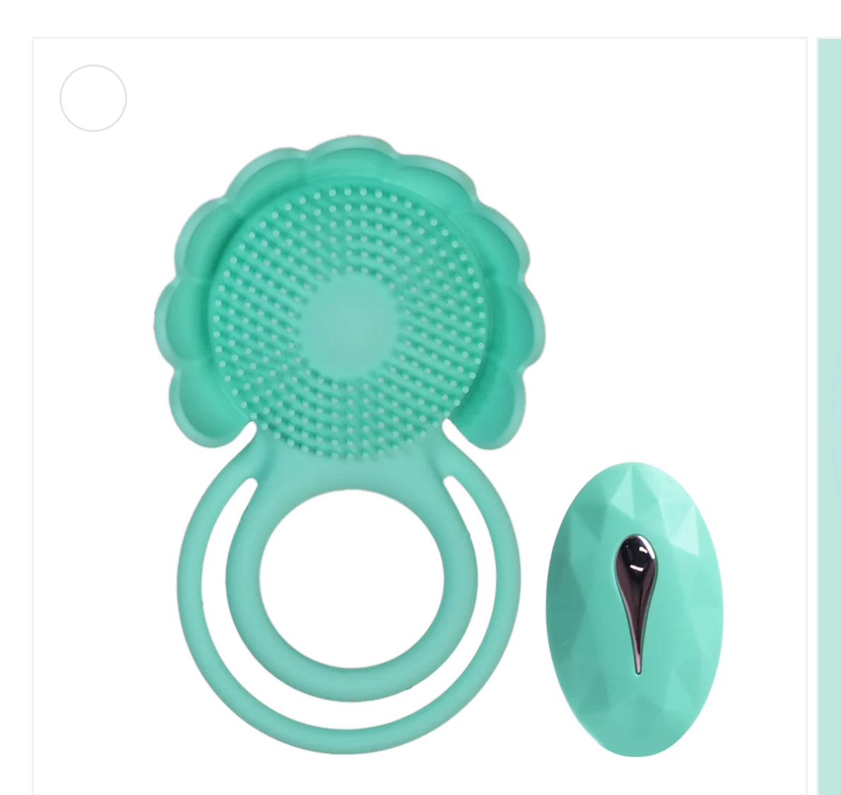 Aqua silicone massage ring with textured surface and matching remote control on white background.