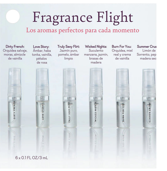 Fragrance Flight sampler set with six mini perfume spray bottles, labeled by scent
