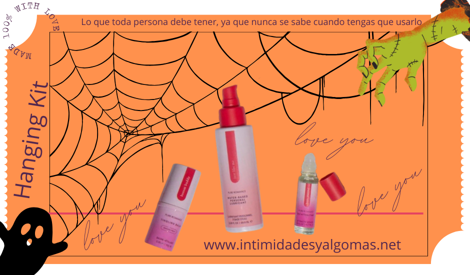 Halloween-themed Hanging Kit with personal care products, spider web, ghost, and green monster hand on orange background.