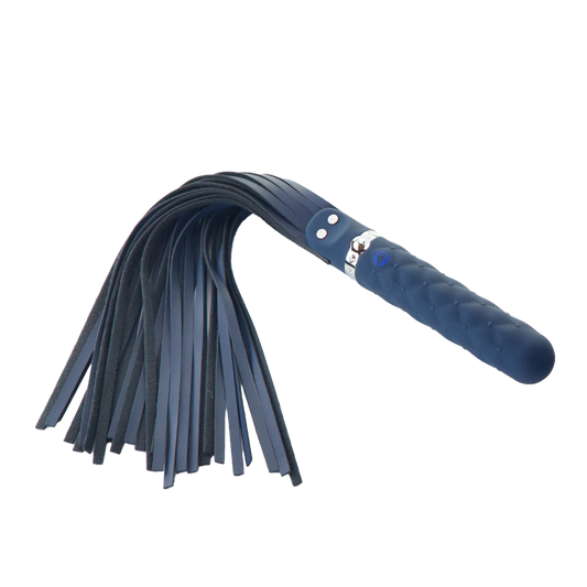 Black faux leather flogger with textured handle for massage and wellness use