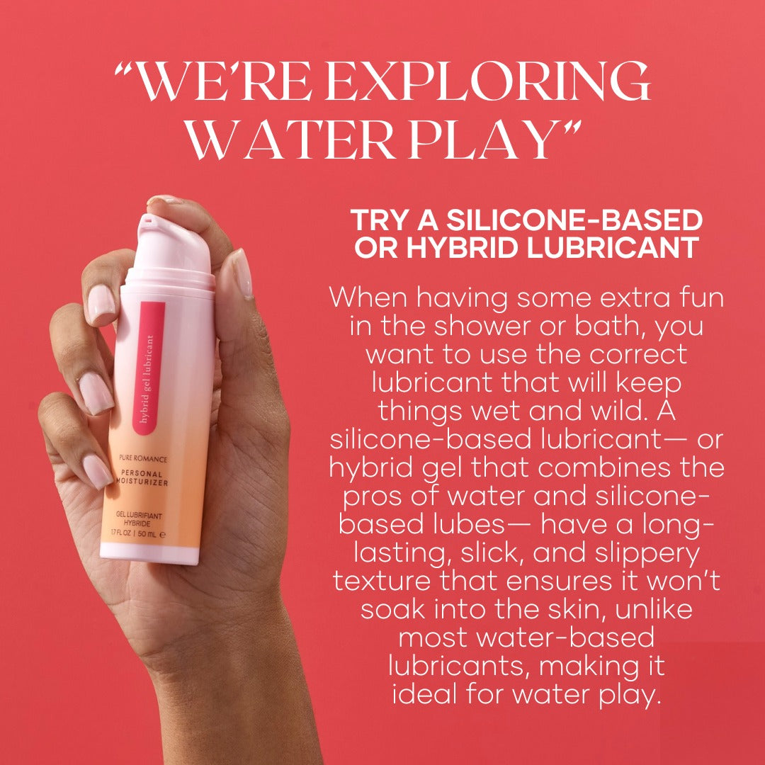 Hand holding hybrid gel lubricant bottle against red background with informational text.