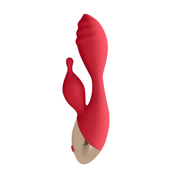 Red dual-stimulation silicone personal massager with gold accent handle on white background.