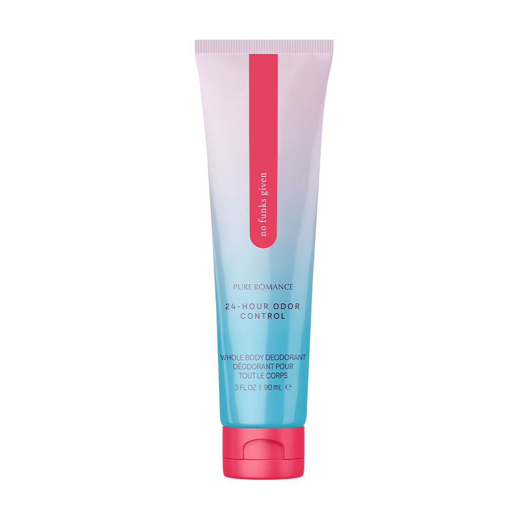 Pure Romance 24-hour odor control whole body deodorant tube, pink and blue gradient packaging