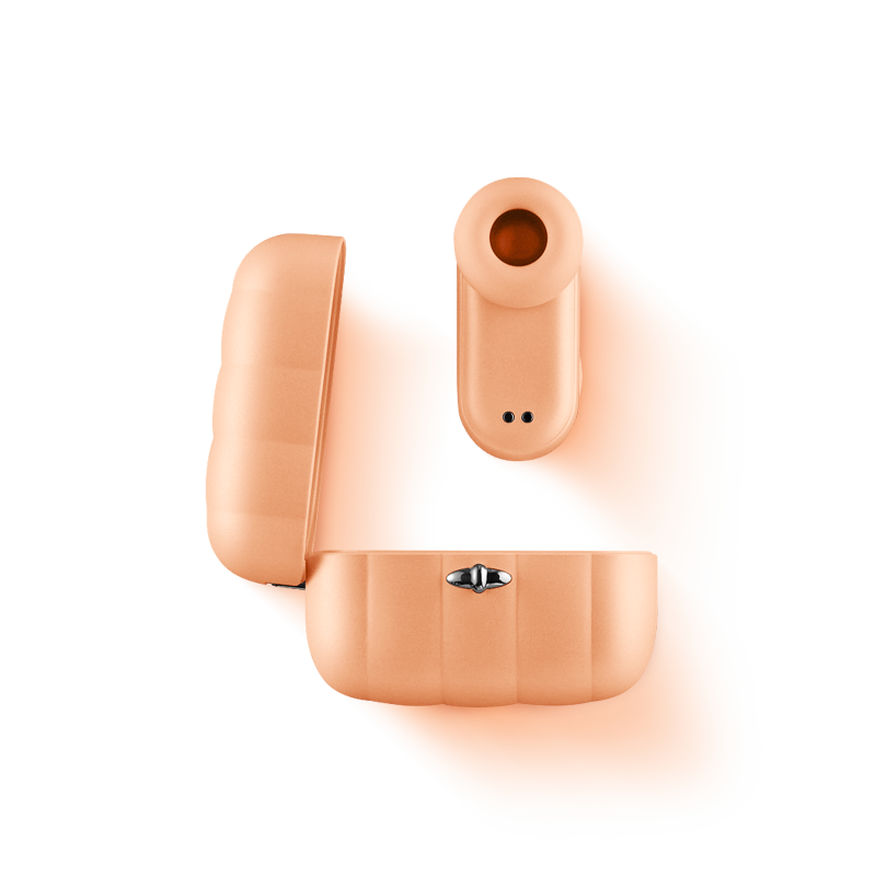 Orange silicone personal wellness massager with matching charging case on white background