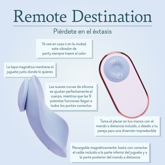 Light purple silicone remote control vibrator with magnetic cap and wireless controller, Spanish product details.