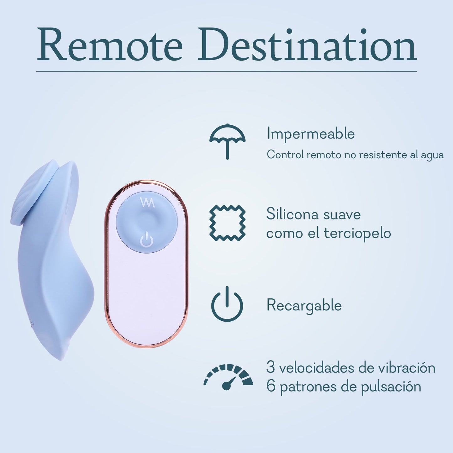 Remote-controlled silicone personal massager, rechargeable, waterproof, blue, with features listed.