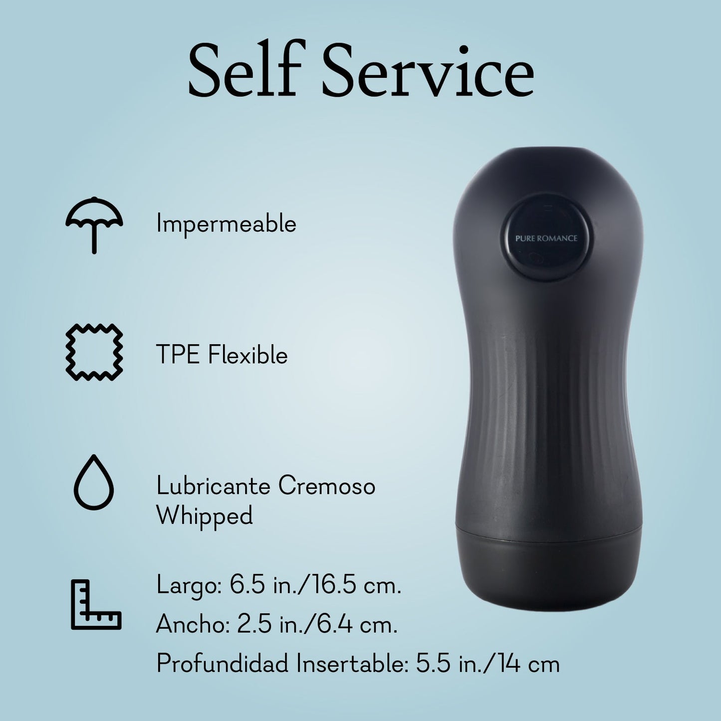Black waterproof flexible TPE male pleasure device with cream lubricant, product specs listed.