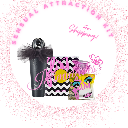 Sensual attraction kit with perfume, decorated gift box, and illustrated glass bottle