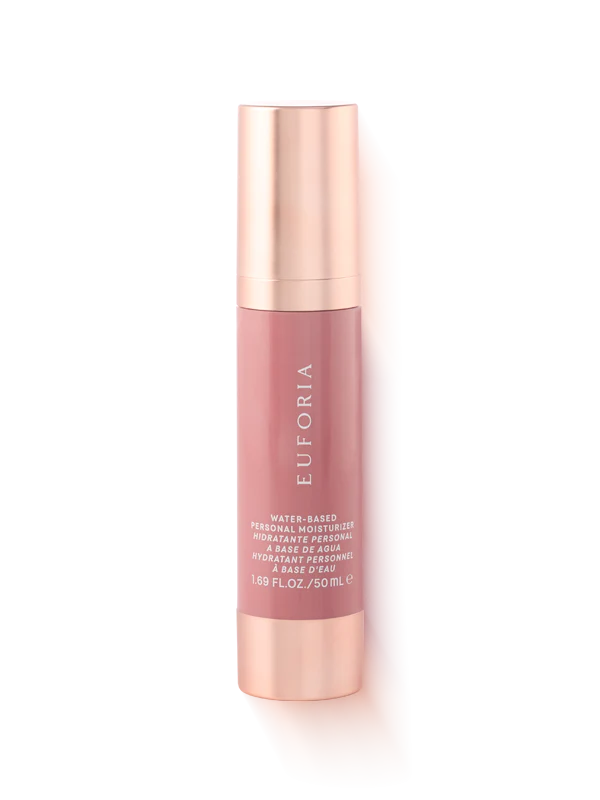 Euforia water-based personal moisturizer in a pink and gold 50ml bottle for skin care