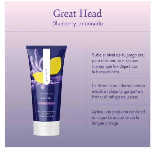 Tube of Great Head Blueberry Lemonade oral gel with lemon and blueberry design on purple background