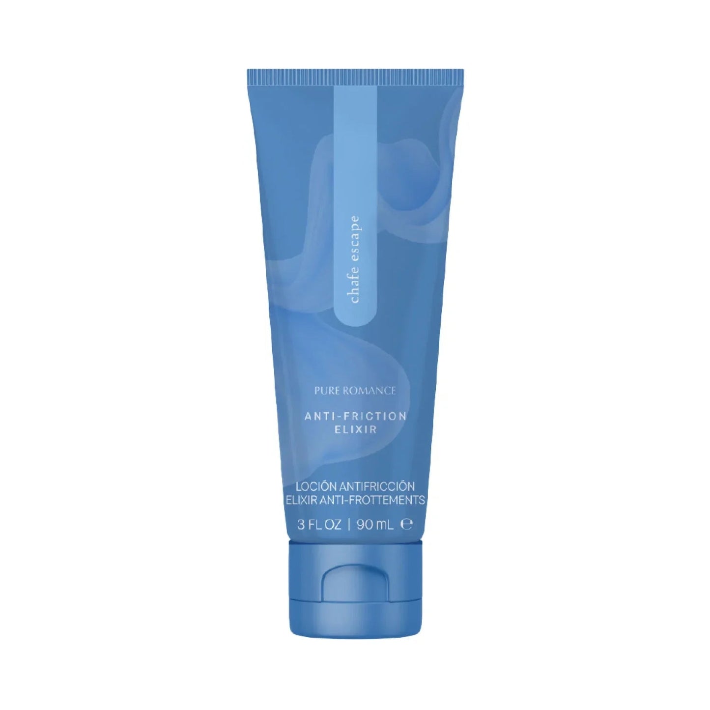 Blue tube of anti-friction elixir lotion for skin care, 90ml size, on white background