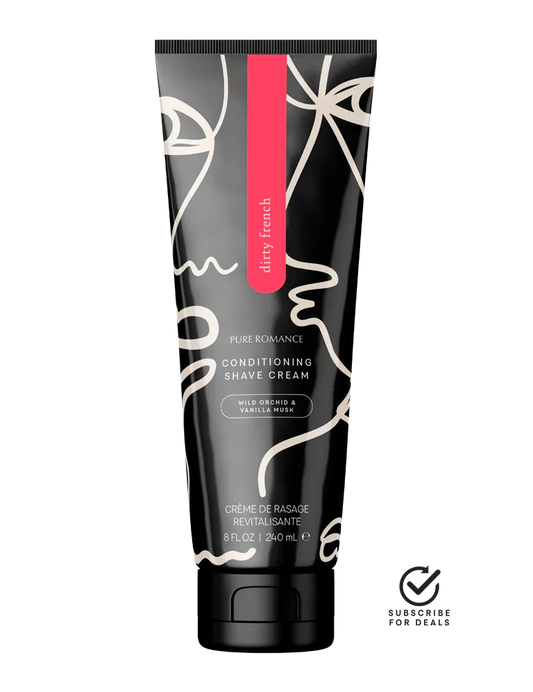 Conditioning shave cream tube with abstract face design, wild orchid and vanilla musk scent