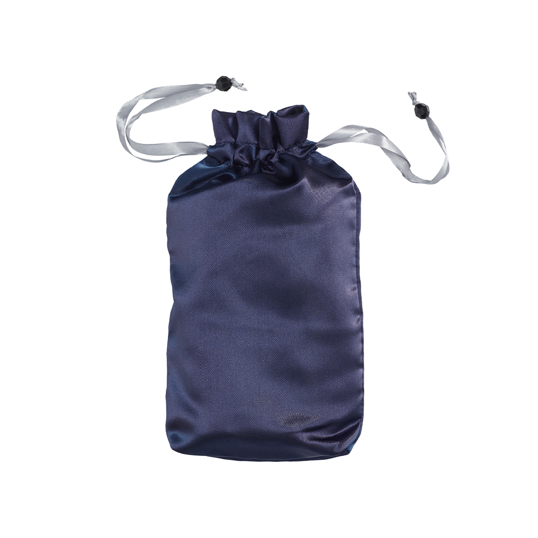 Navy blue satin drawstring pouch with gray ribbons on white background