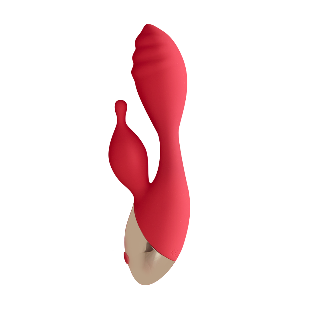 Dual-action red silicone rabbit vibrator with curved design and metallic accent handle