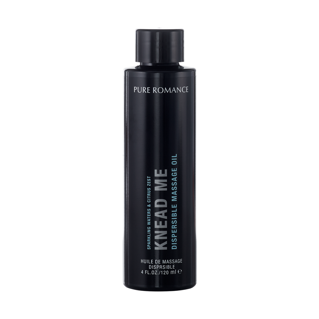 Pure Romance Knead Me dispersible massage oil bottle, 120ml, for skin wellness and massage.