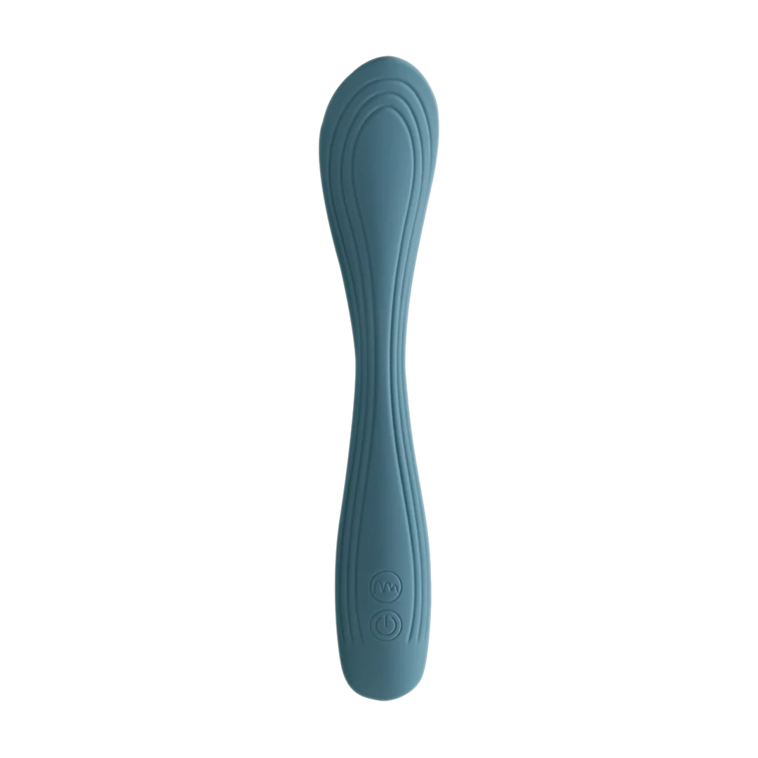 Blue silicone massage wand with textured design on white background