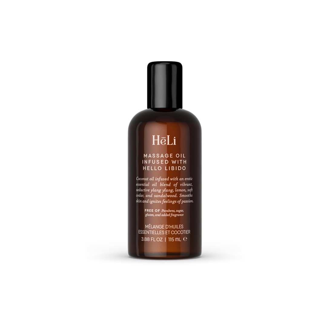HeLi massage oil bottle for skin care, infused with essential oils for relaxation