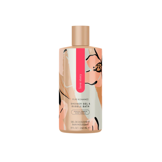 Shower gel and bubble bath bottle with floral design, labeled Love Story, 8 fl oz.