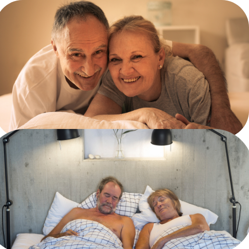 Happy mature couples in bed, promoting intimacy and sexual wellness for seniors.