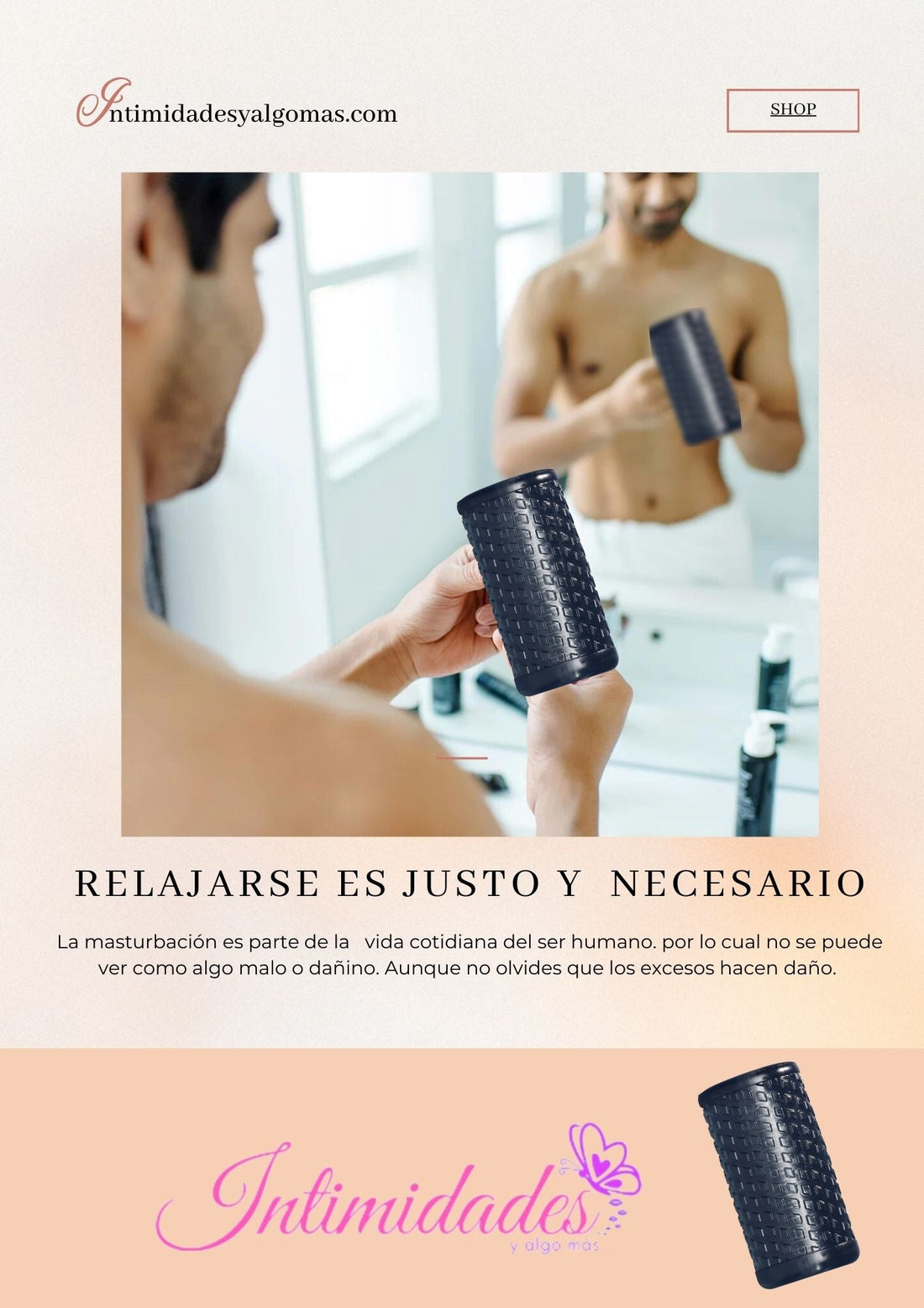 Man holding textured black massage or wellness device in bathroom, wellness and relaxation theme