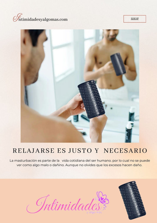 Man holding textured black massage or wellness device in bathroom, wellness and relaxation theme