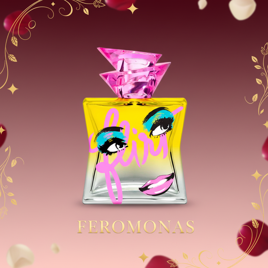 Hand holding a pheromone-infused perfume oil roller against a purple background, product benefits labeled.