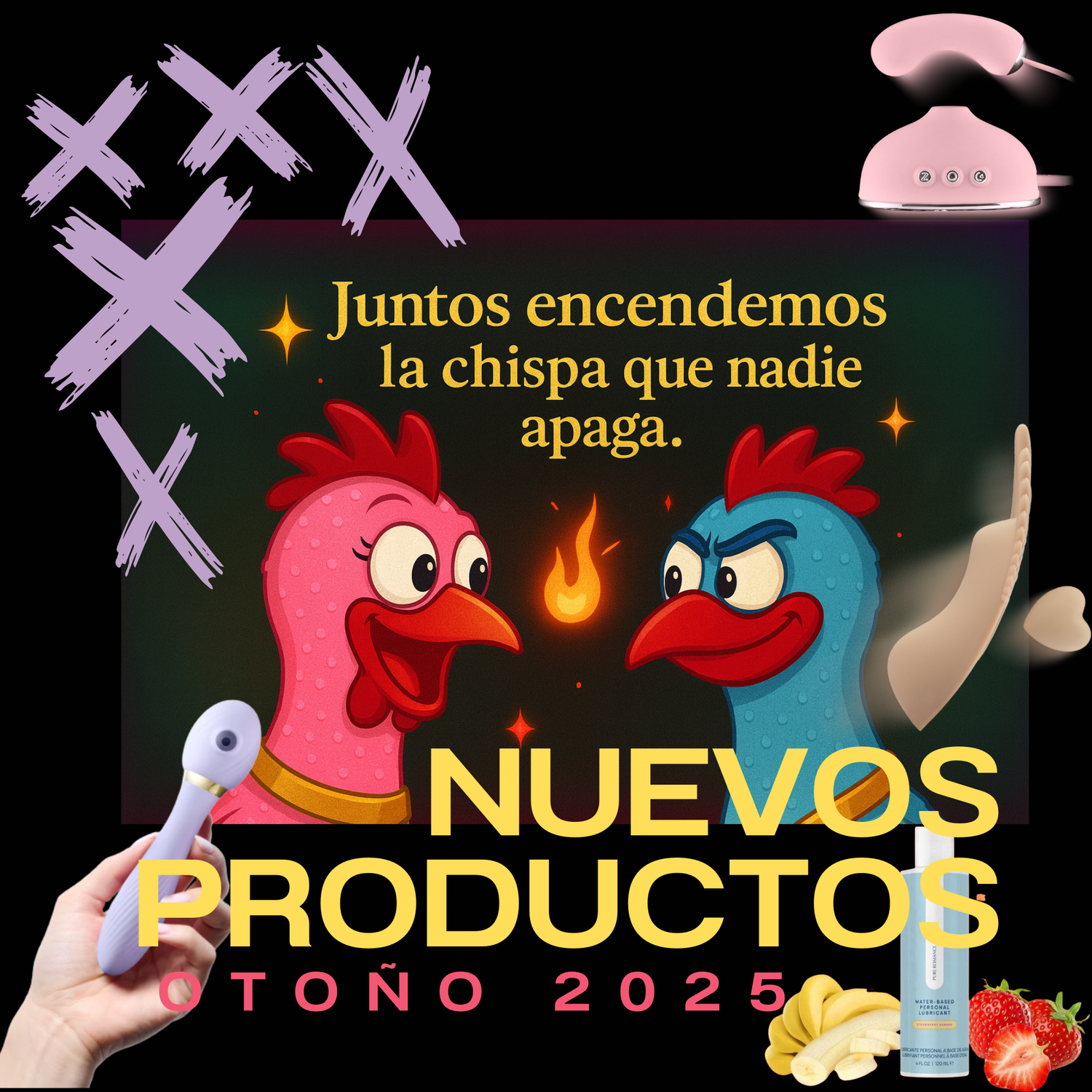 Colorful cartoon rooster couple with fire spark, wellness products, text 'NEW PRODUCTS FALL 2025'.