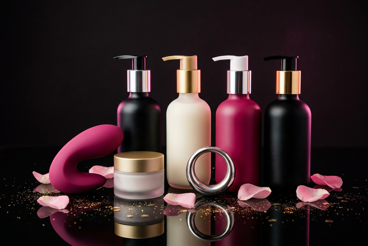 Lubricantes, crema, vibrador y anillo en negro, magenta y dorado
