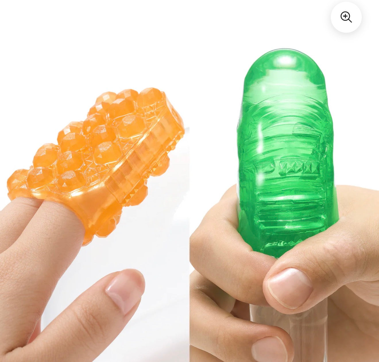 Textured silicone finger sleeves in orange and green for massage and sensory stimulation