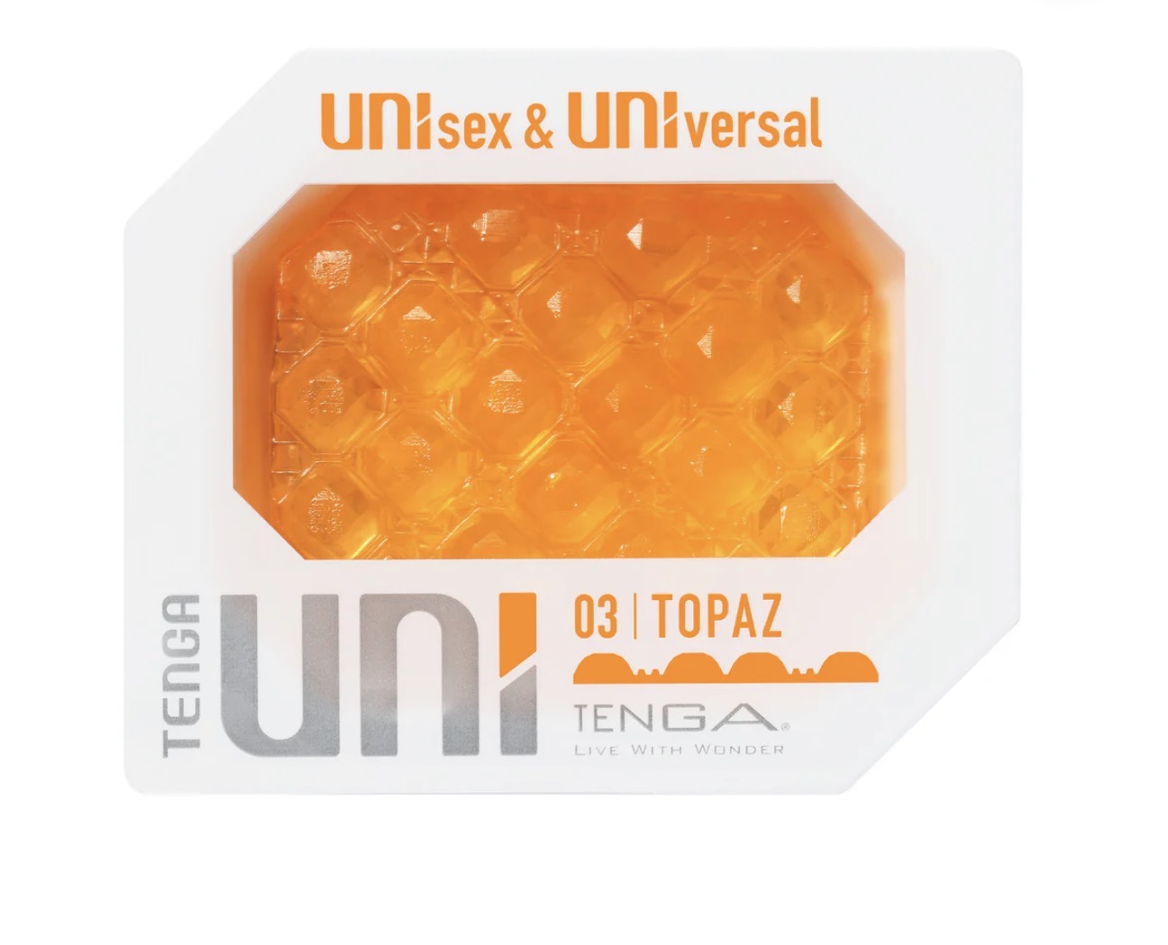 Orange Tenga UNI Topaz 03 unisex universal textured personal massager in packaging