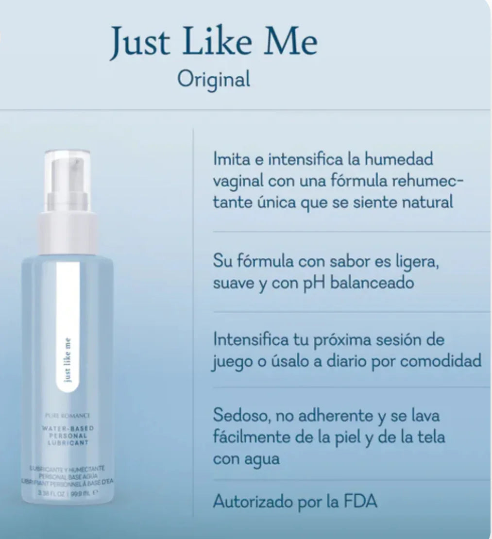 Just Like Me water-based personal lubricant bottle with product features in Spanish on a blue background.
