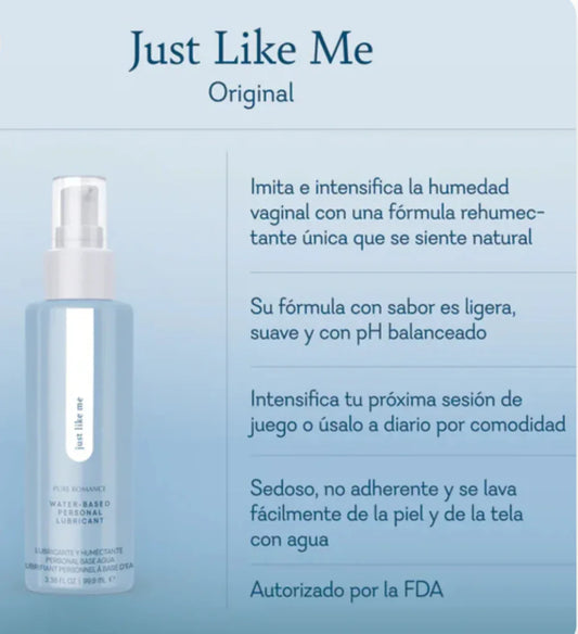 Just Like Me water-based personal lubricant bottle with product features in Spanish on a blue background.