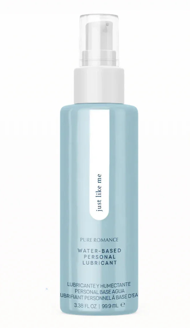 Water-based personal lubricant bottle with pump dispenser, blue label, for skin wellness